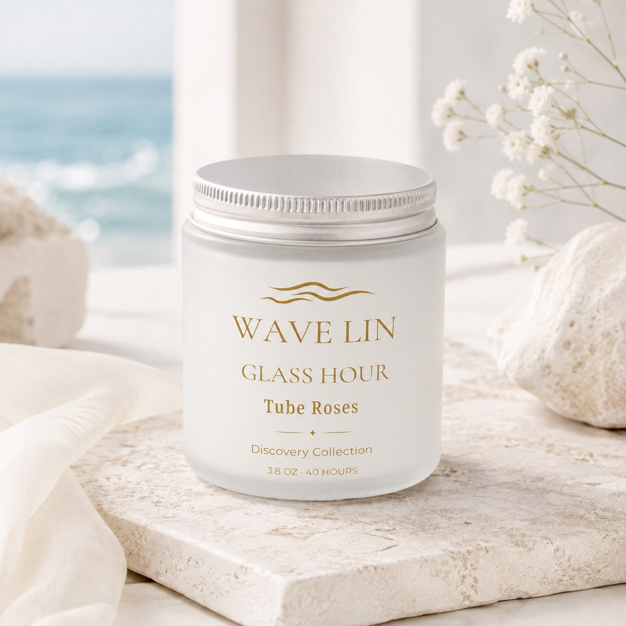 Wave Lin Glass Hour Tube Roses candle by the sea