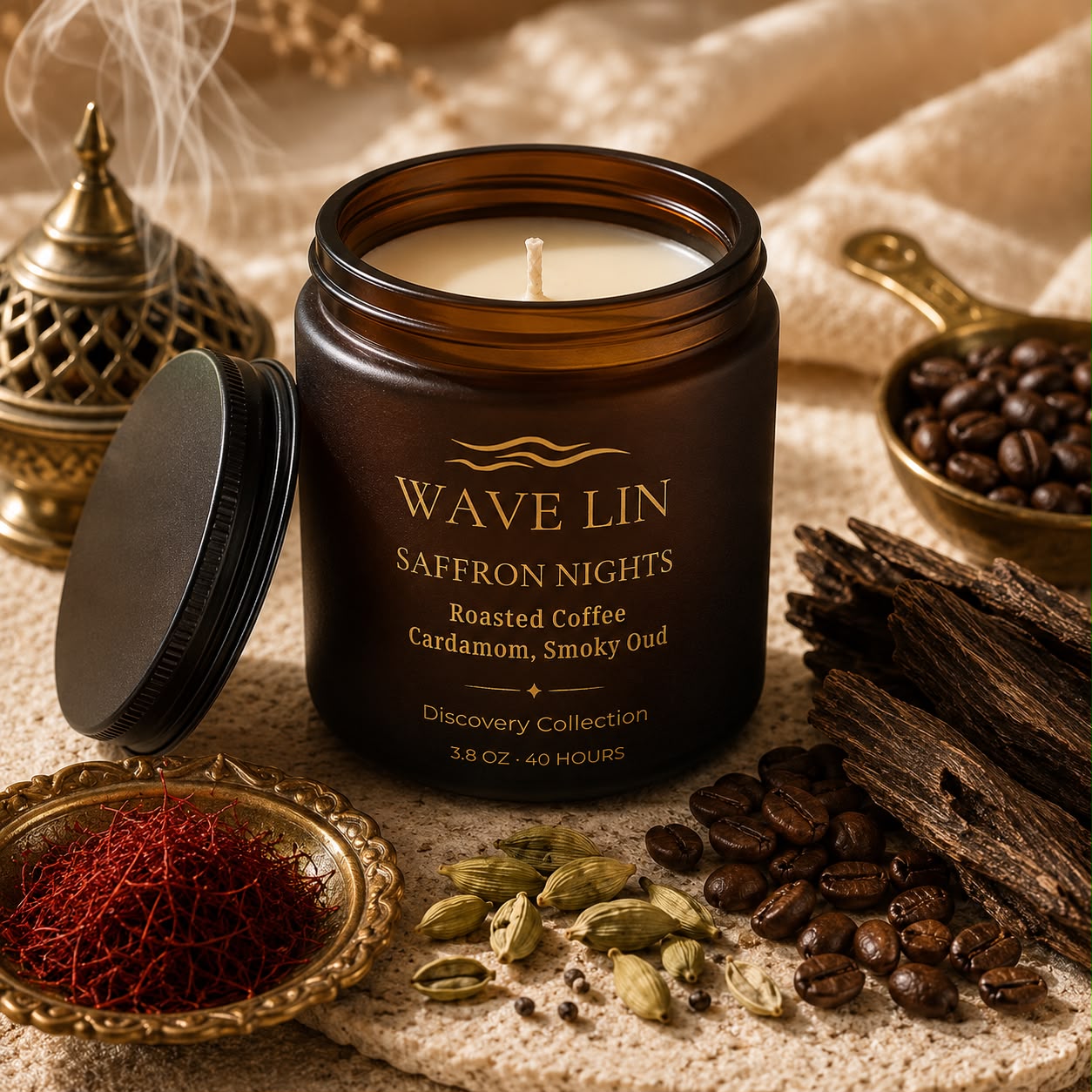 Wave Lin Saffron Nights Candle with saffron, cardamom, coffee beans and smoky oud ingredients