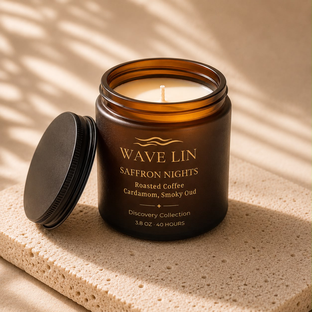 Wave Lin Saffron Nights Candle in amber glass jar
