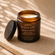 Wave Lin Saffron Nights Candle in amber glass jar