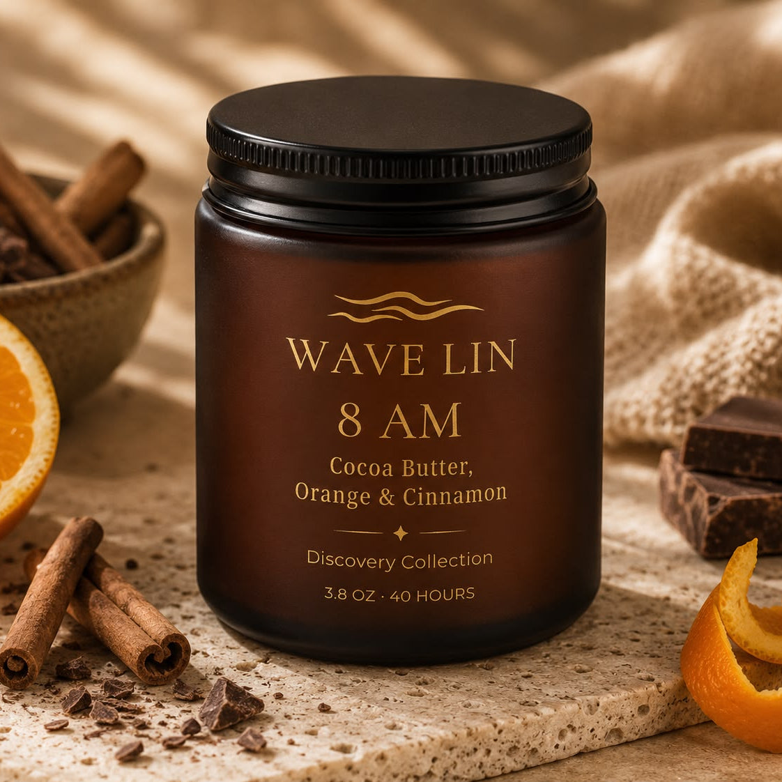 Wave Lin 8 AM Candle in amber glass jar with orange, cinnamon and chocolate
