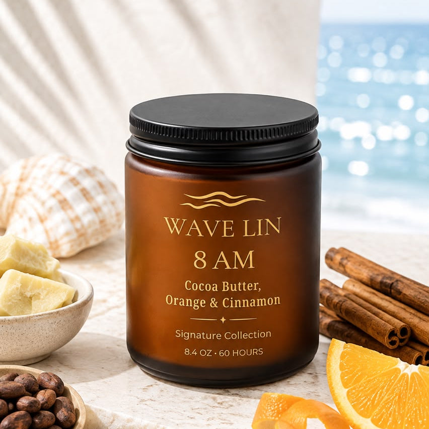 8 AM scented candle by Wave Lin — Cocoa Butter, Orange & Cinnamon, Signature Collection