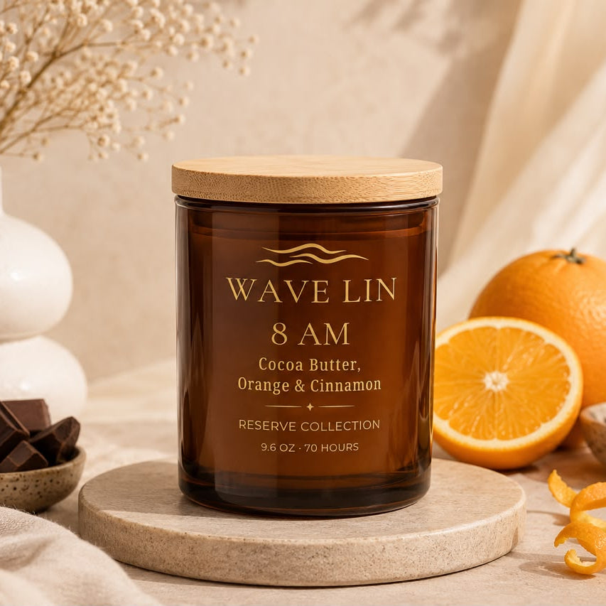 8 AM Cocoa Butter, Orange & Cinnamon Reserve candle by Wave Lin — Reserve Collection