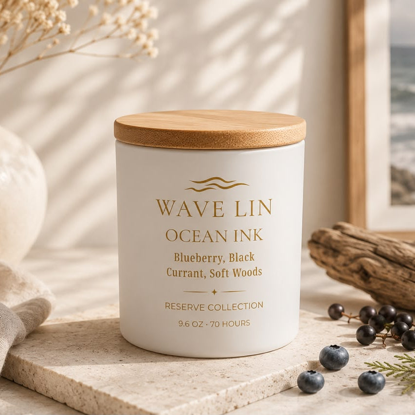 Ocean Ink Blueberry, Black Currant & Soft Woods Reserve candle by Wave Lin — Reserve Collection
