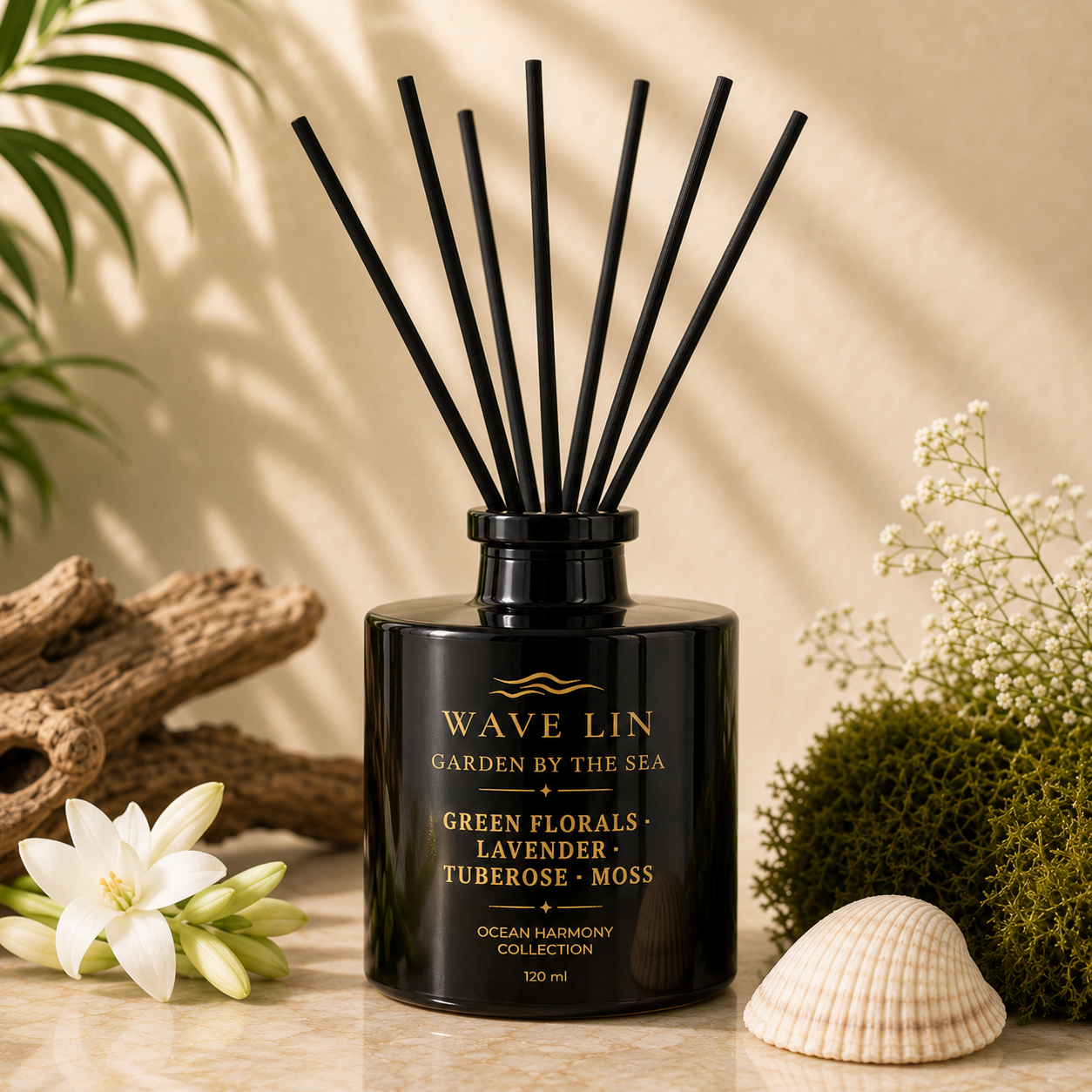 Garden by the Sea Reed Diffuser with black reeds – front view